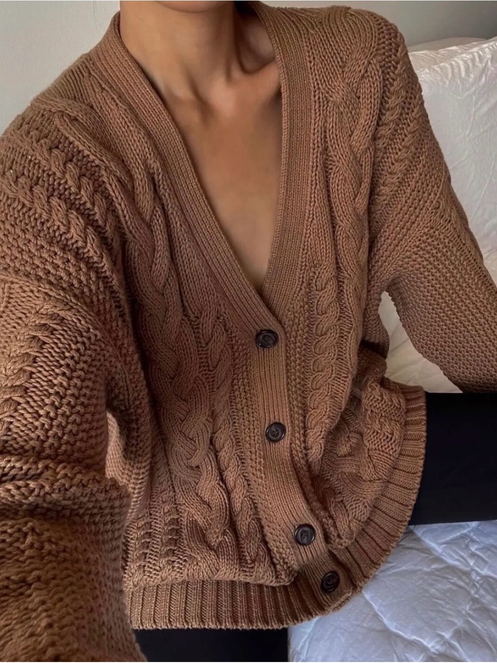 Jenni Kayne Cable Cocoon Cotton Cardigan Brown size S - Picture 2 of 9